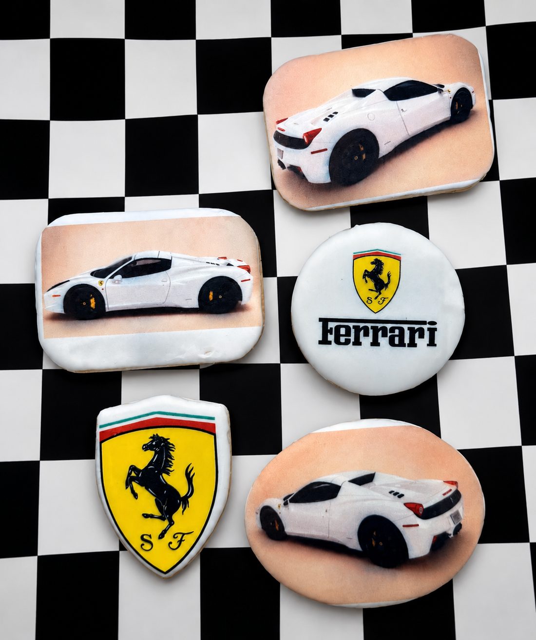 Ferrari themed custom cookies on a checkered background